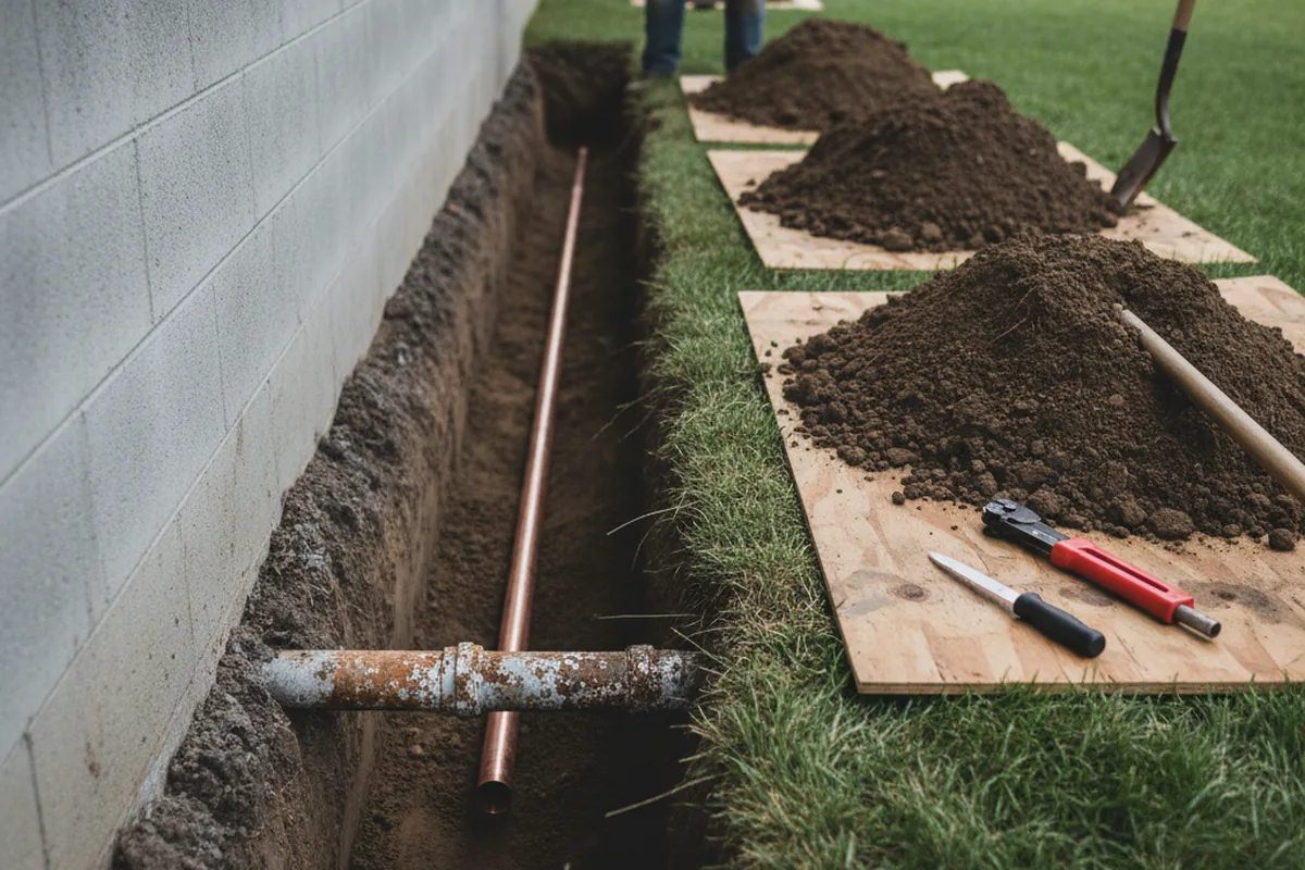 Excavated water line trench during Water Heater Repair in Edwards